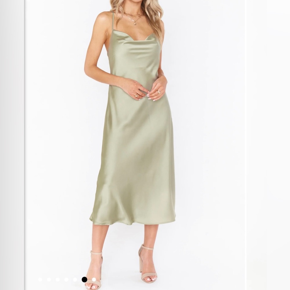 Show Me Your Mumu Verona Cowl Midi Dress - Moss Green Luxe Satin - size XS